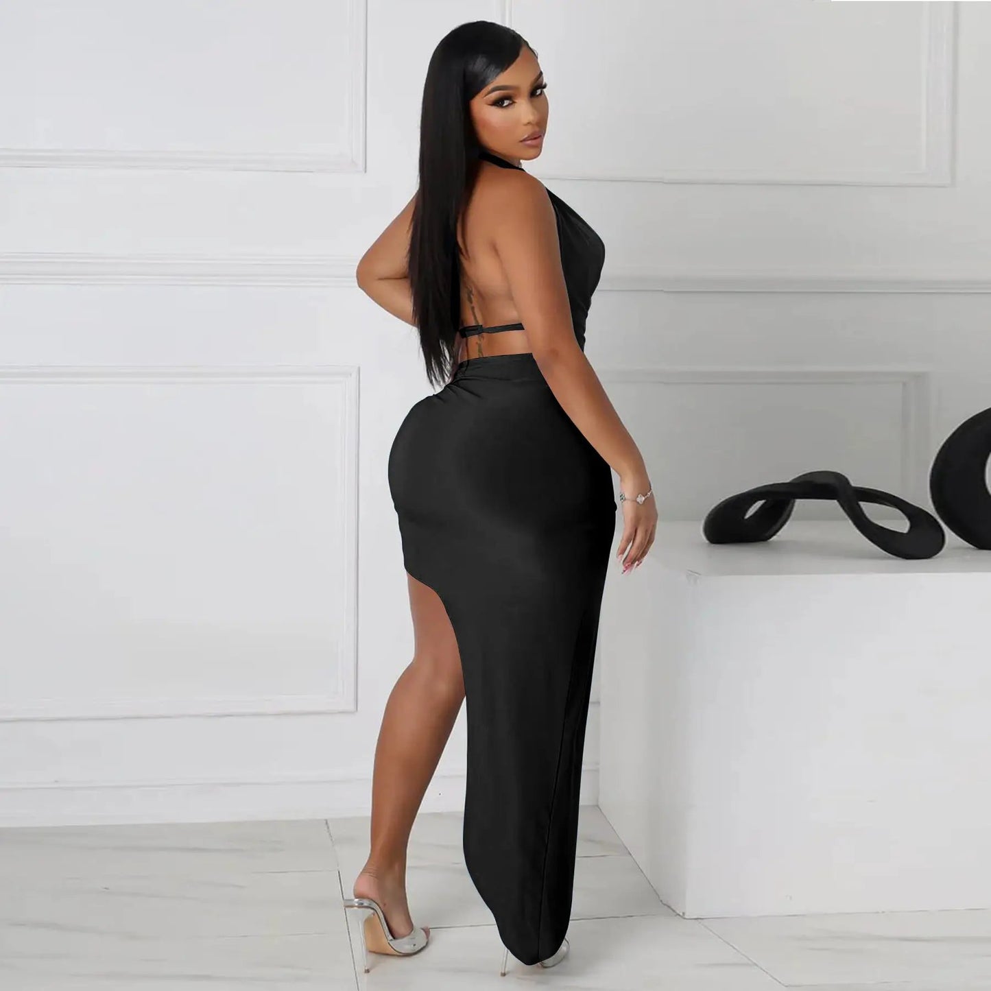 Halterneck Sexy High-Slit Skirt Set by GJG Denim