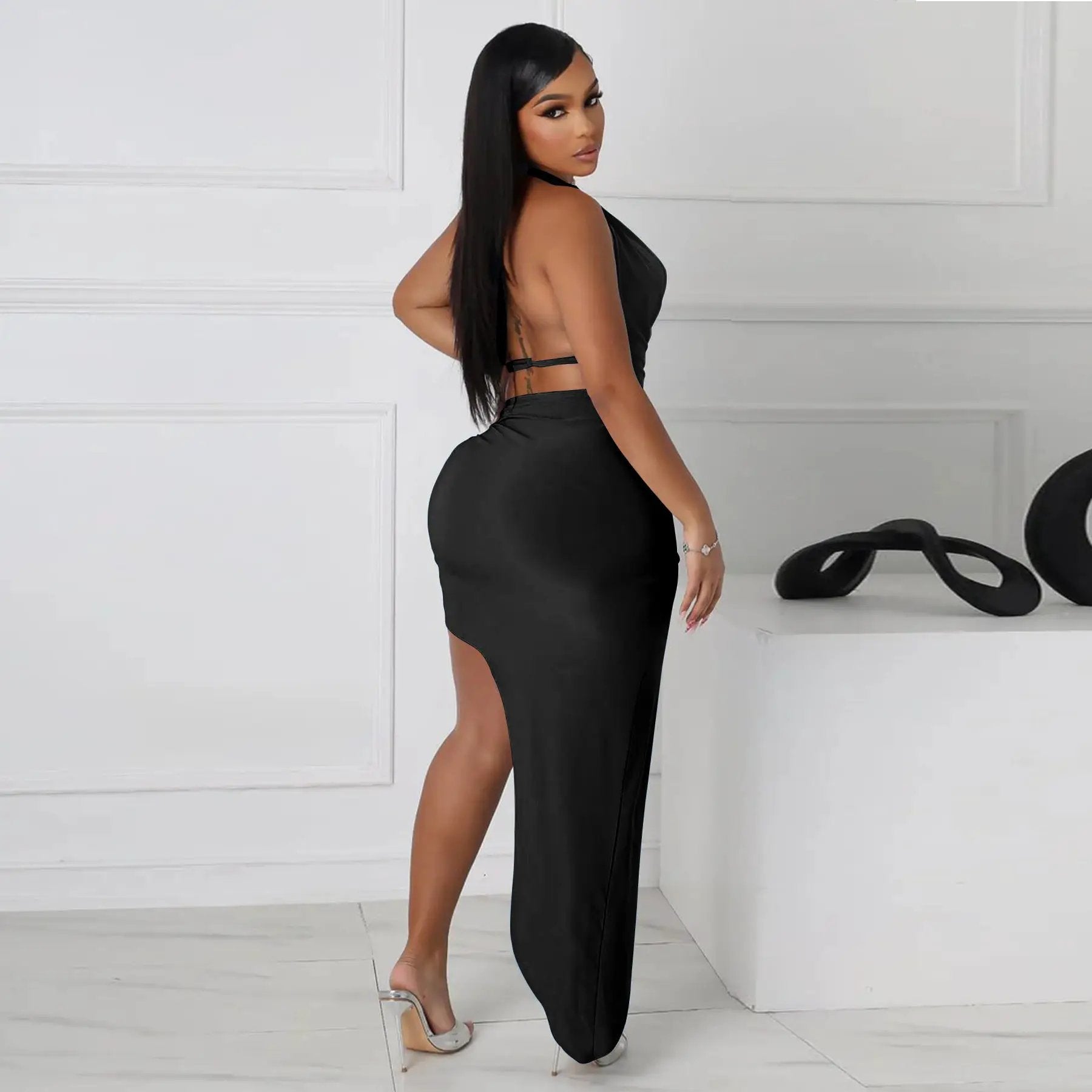 Halterneck Sexy High-Slit Skirt Set by GJG Denim