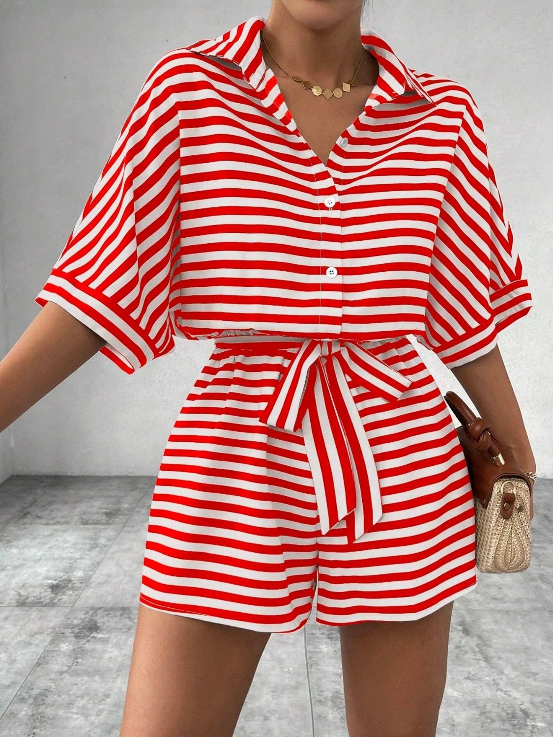 Tie Waist Half Button Striped Romper by VYSN