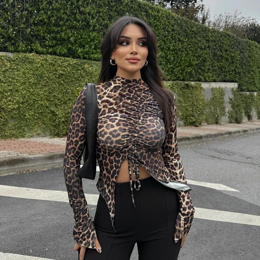Female Leopard Print Drawstring Versatile Tight Long Sleeved Shirt by GJG Denim