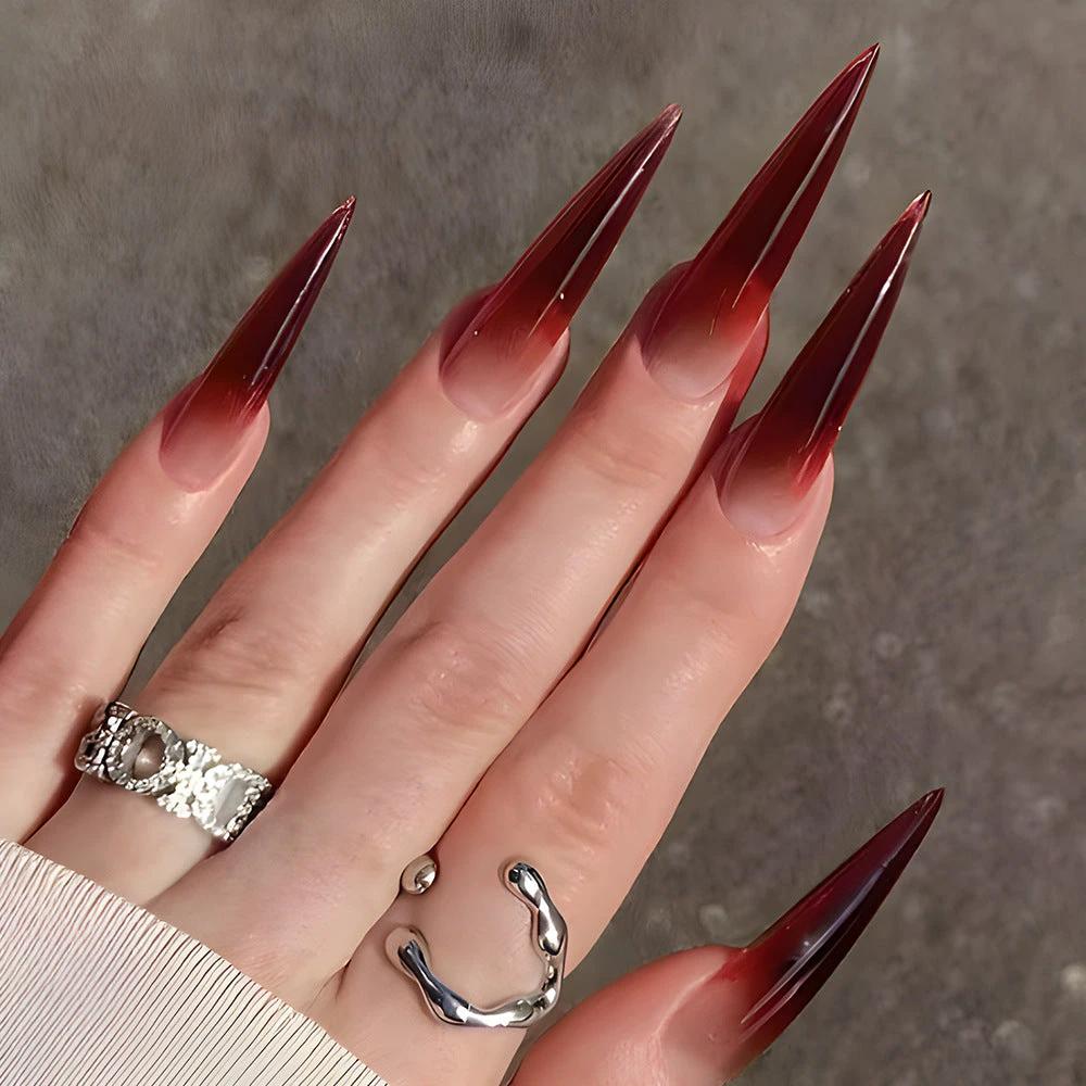 Foreign Trade Hot Selling Wearable Nail Sticker Elegant White Drop Shape Wine Red Gradient Fake Nail Patch Nails by GJG Denim