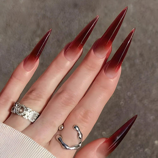 Foreign Trade Hot Selling Wearable Nail Sticker Elegant White Drop Shape Wine Red Gradient Fake Nail Patch Nails by GJG Denim