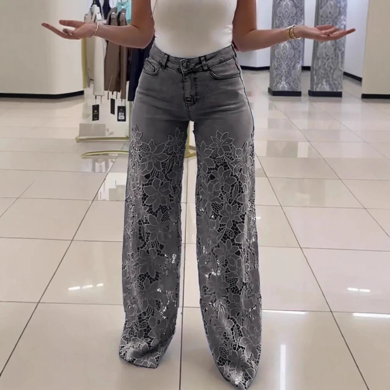 Y2K Lace Flowers Hollow Jeans Fashion High Waist Straight Wide Leg Pants Solid Color Trousers Women's Clothing by GJG Denim