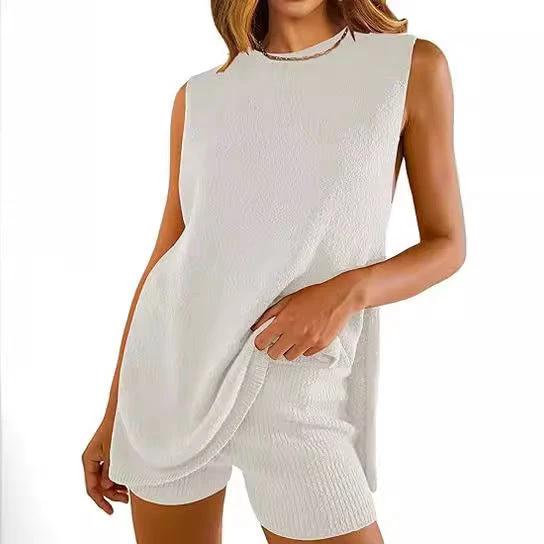 Summer Loose-fitting Casual Round-neck Vest Shorts Knitting Suit Women by GJG Denim