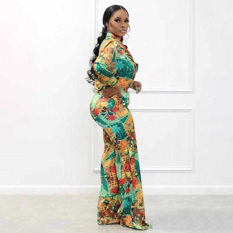 Casual Fashion Digital Printed V-neck Women's Two-piece Suit by GJG Denim