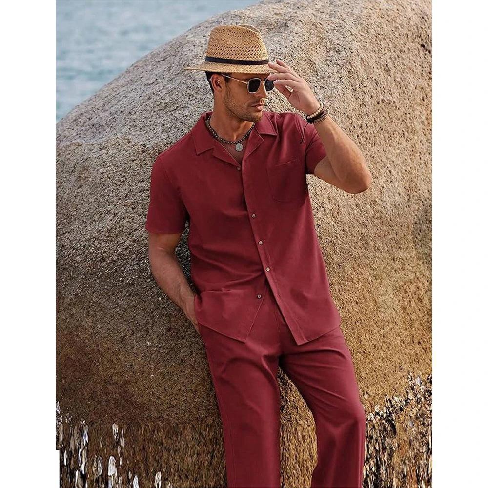 Men's Vintage Short-sleeve Shirt And Casual Trousers Two-piece Set by GJG Denim