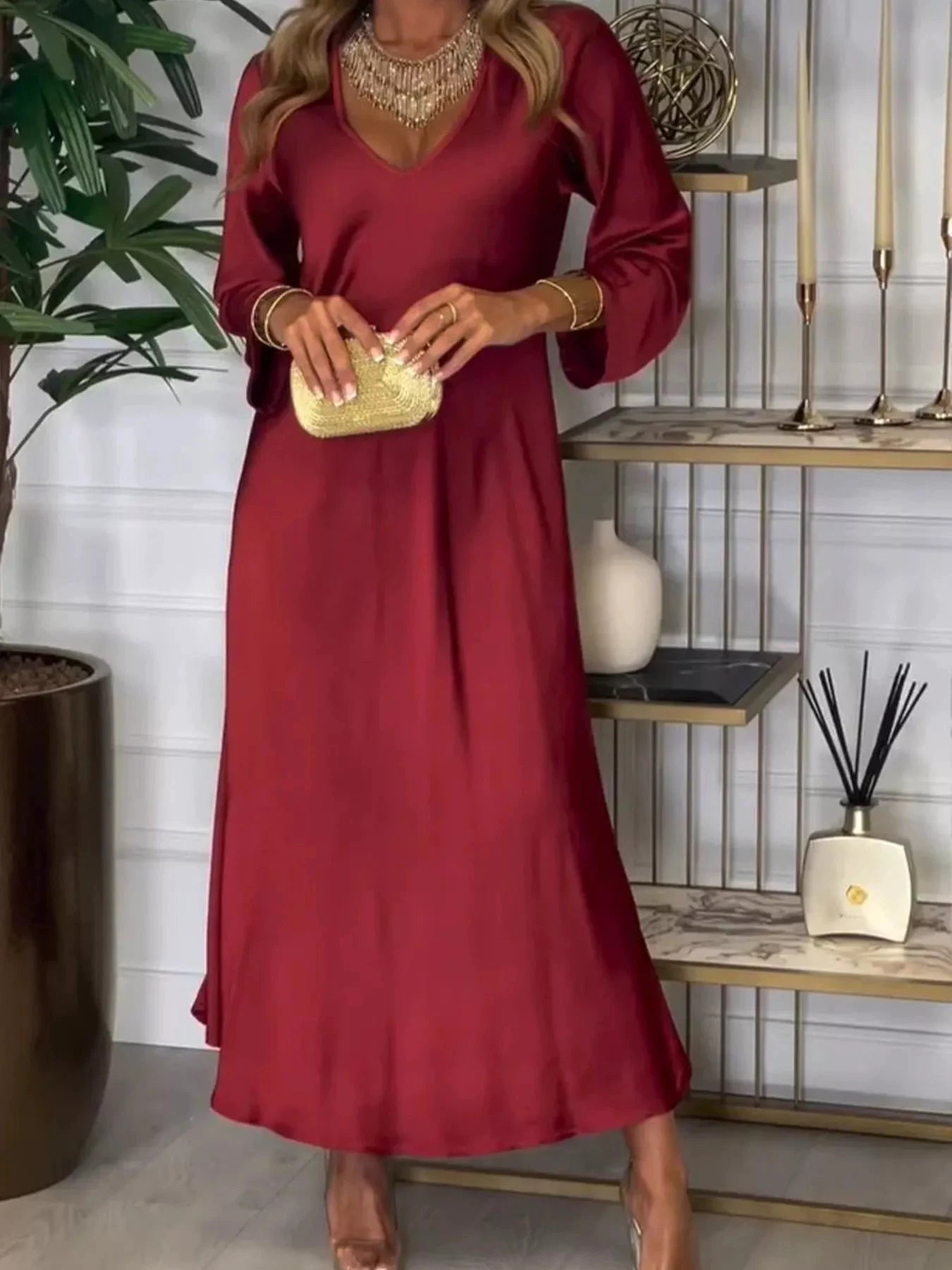 Full Size V-Neck Long Sleeve Midi Dress Plus Size by Lady Ros