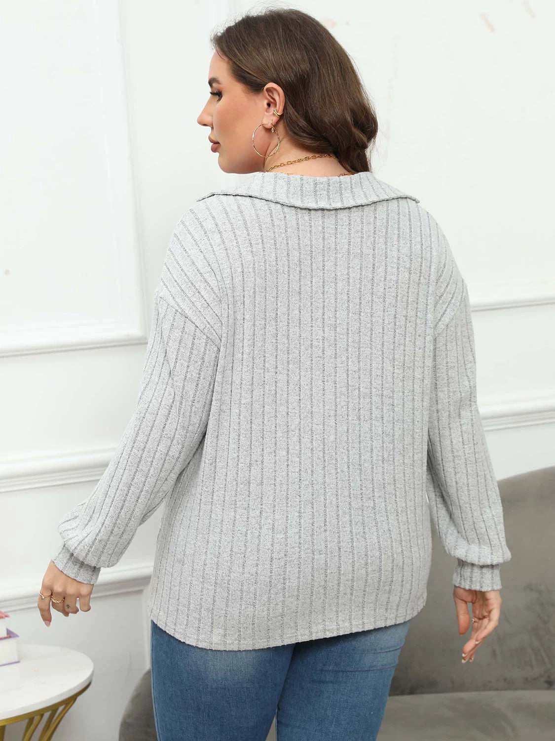Plus Size Ribbed Collared Neck Long Sleeve Blouse by Lady Ros