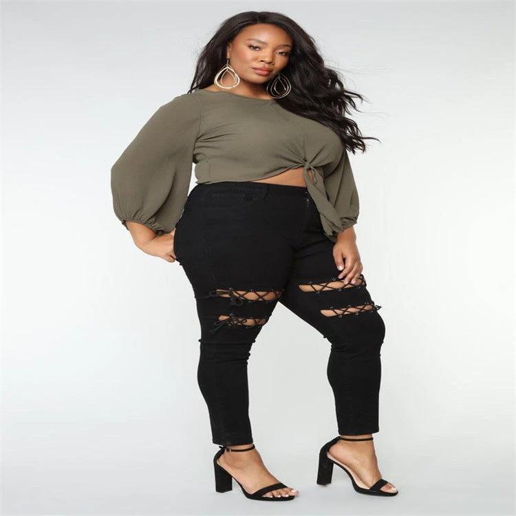Women's Plus Size Fashion Eyelet Strap Jeans by GJG Denim