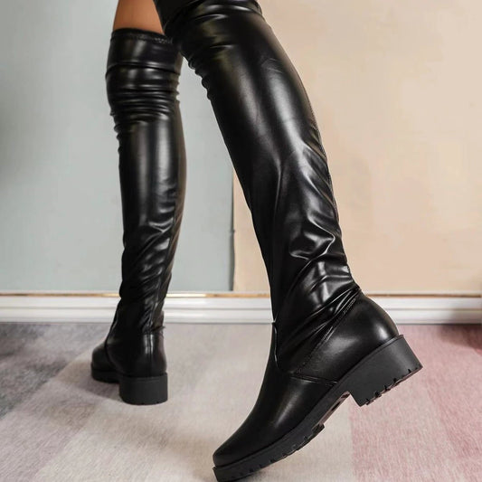 Women's Over-the-knee Stretch Low Heel Chunky Heel Boots by GJG Denim