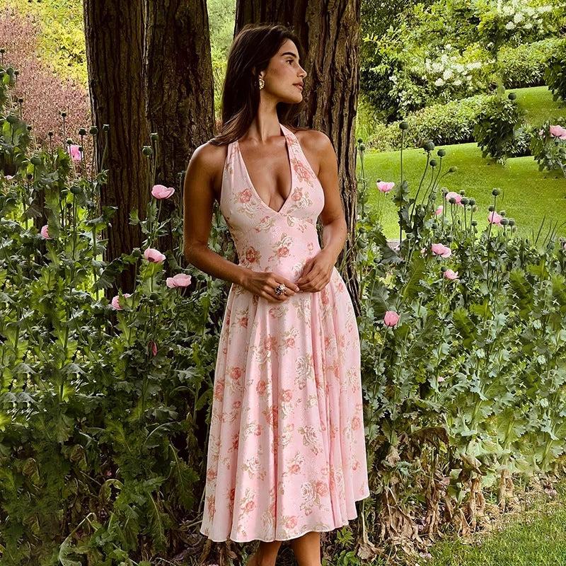 Floral Print Halter A- Line Dress Women by GJG Denim