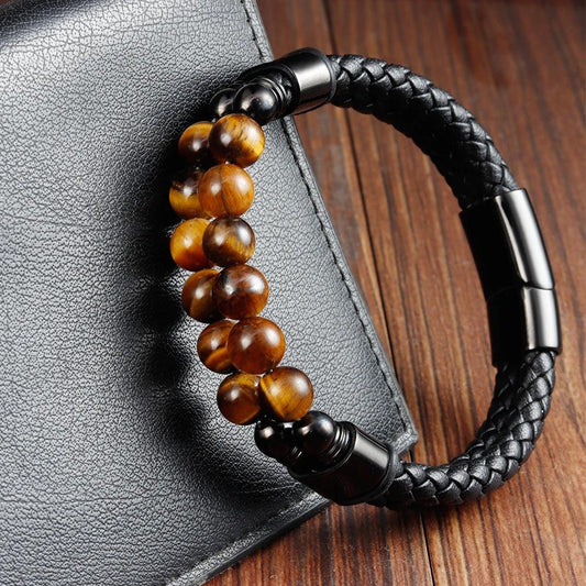 Men's Stainless Steel Leather Braided Handmade Multi-Layer Bracelet by GJG Denim