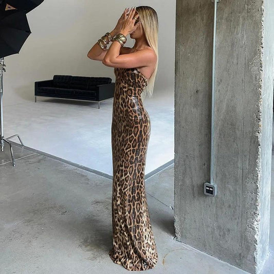European And American Contrast Color Leopard Print Sexy Tube Top Dress Women by GJG Denim