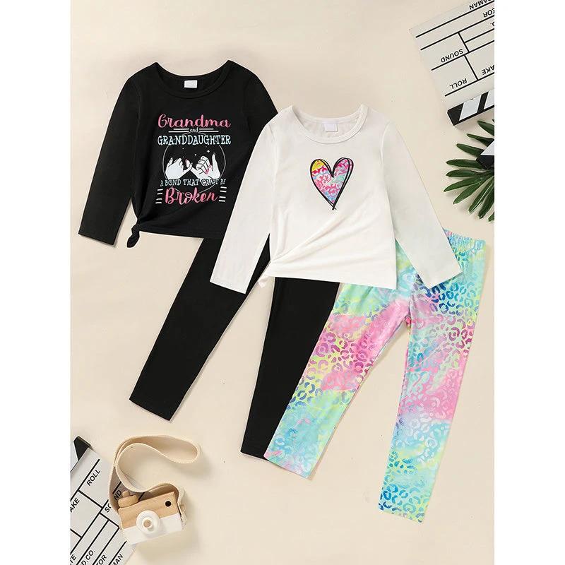 Kid's 'Grandma And Granddaughter' Letter & Heart Print Long Sleeve Top & Pants Set, 2 Sets Comfy Loungewear Outfit by GJG Denim