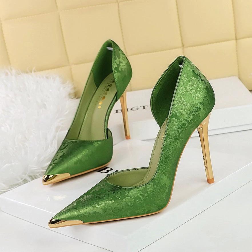 Satin Metal Pointed High Heel Thin Heel Shallow Single Shoes by GJG Denim