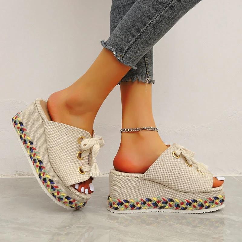 Women's Straw Woven Wedge Color-block Lace-up Slippers by GJG Denim