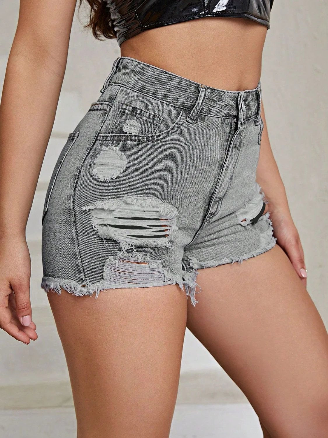 Distressed Raw Hem High Rise Denim Shorts by Lady Ros