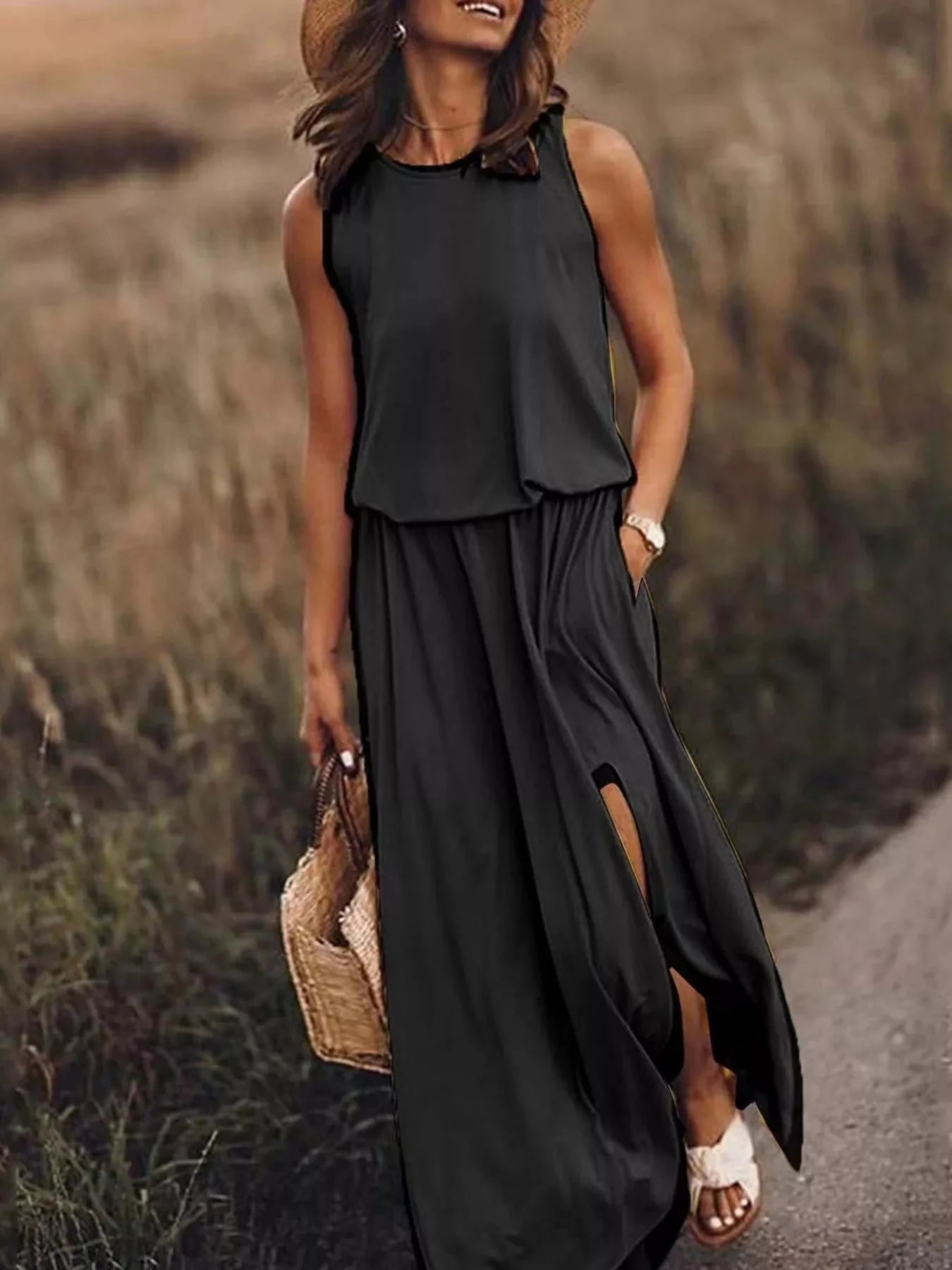 Full Size Round Neck Sleeveless Slit Maxi Dress Plus Size by Lady Ros