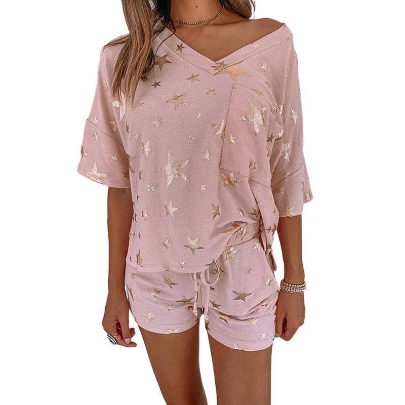 Five-Pointed Star Print Short-Sleeved Casual Home Wear Suit Pajamas Women by GJG Denim