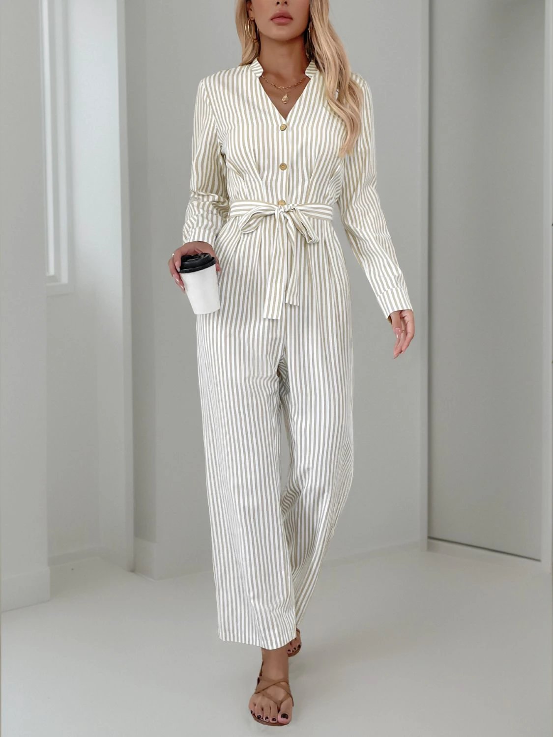 Striped Notched Long Sleeve Tie Waist Jumpsuit by Lady Ros