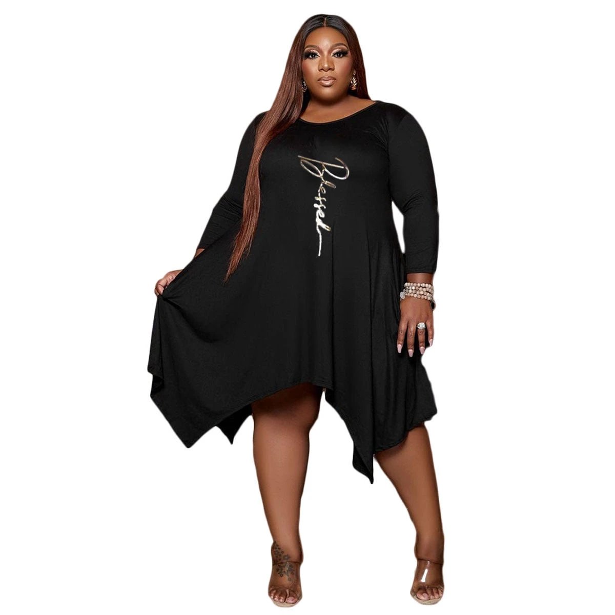 Plus Size Printed Irregular Swing Pocket Dress by GJG Denim