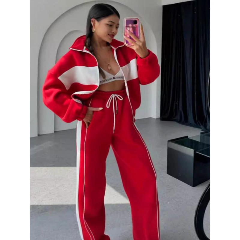 Women's Casual Advanced Contrast Color Comfortable Loose Sweater Pants Suit by GJG Denim