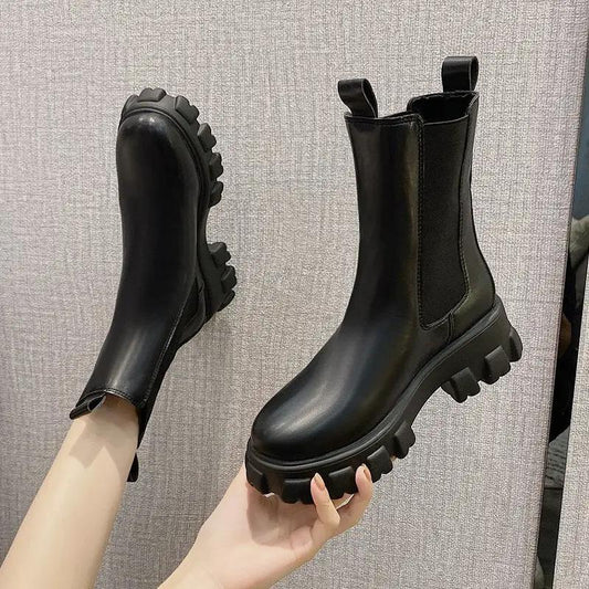 British Style Mid Calf Boots for Women - Autumn Winter Thick Sole Chunky Heel Ankle Boots by GJG Denim