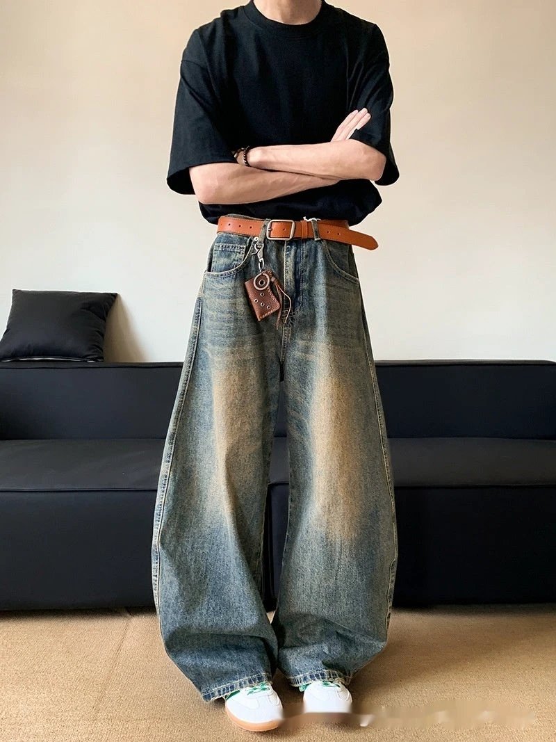 Men's Retro Distressed Machete Denim Slimming Wide-leg Jeans by GJG Denim