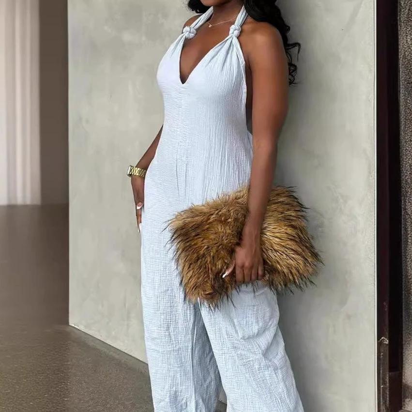 Long Linen Solid Color Jumpsuit With Belt by GJG Denim