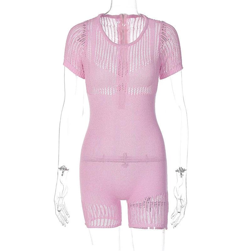 Women's Zipper Hollow-out Tight Hip Lifting Knitted Short Romper by GJG Denim