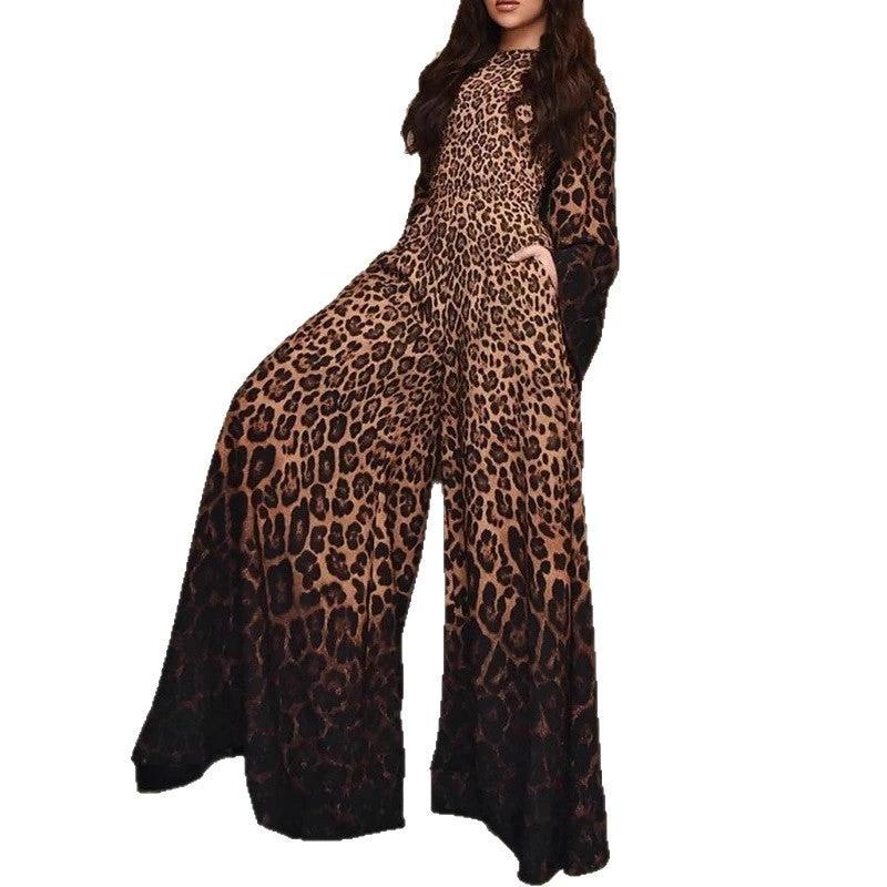 Womens Leopard-Print Crew-Neck Long-Sleeve Flare-Sleeve Jumpsuit by GJG Denim