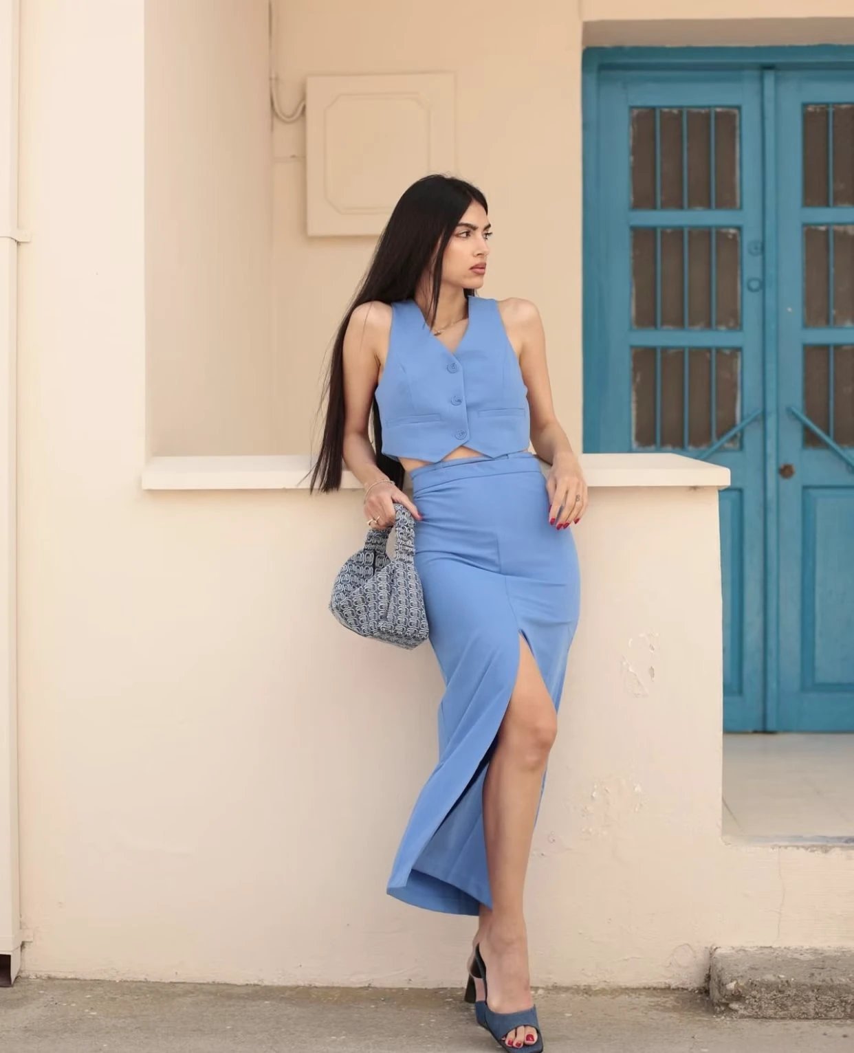 Women's Sky Blue Vest Skirt Two-piece Suit by GJG Denim