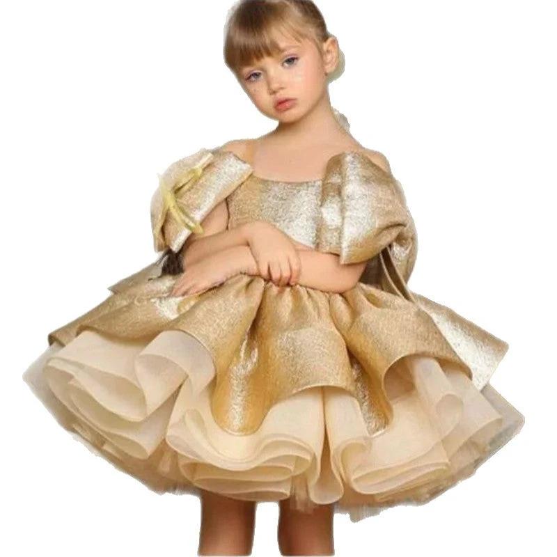 New Gold Satin One Year Old Celebration Dress Western Style Baby Girl Princess Dress by GJG Denim