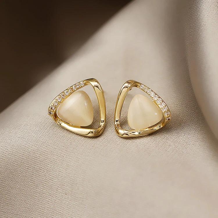 Cat's Eye Flower Earrings High Sense Opal Square Triangle Geometry Earrings by GJG Denim