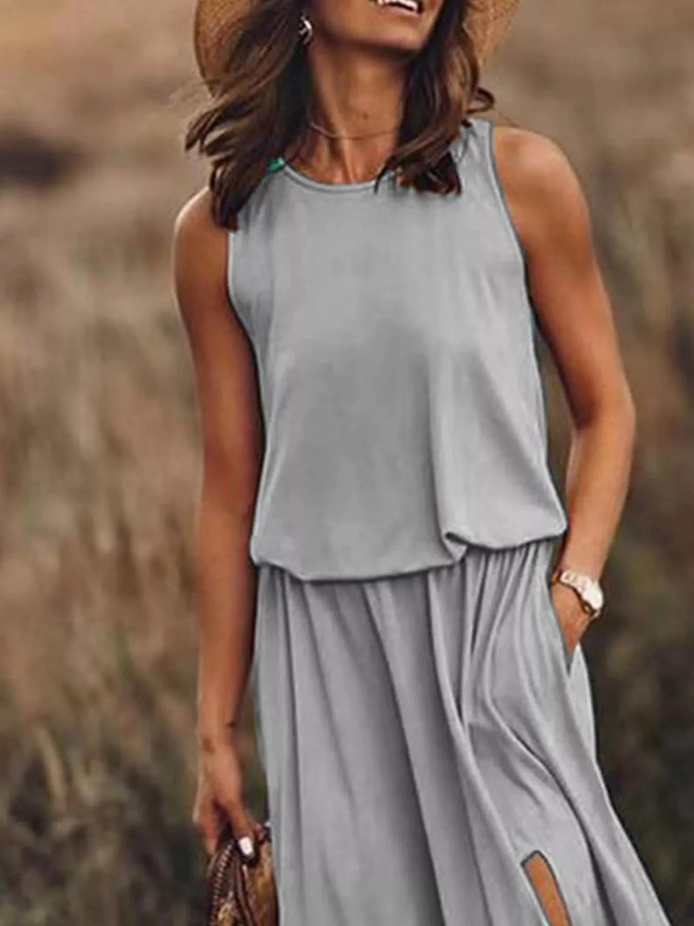 Full Size Round Neck Sleeveless Slit Maxi Dress Plus Size by Lady Ros
