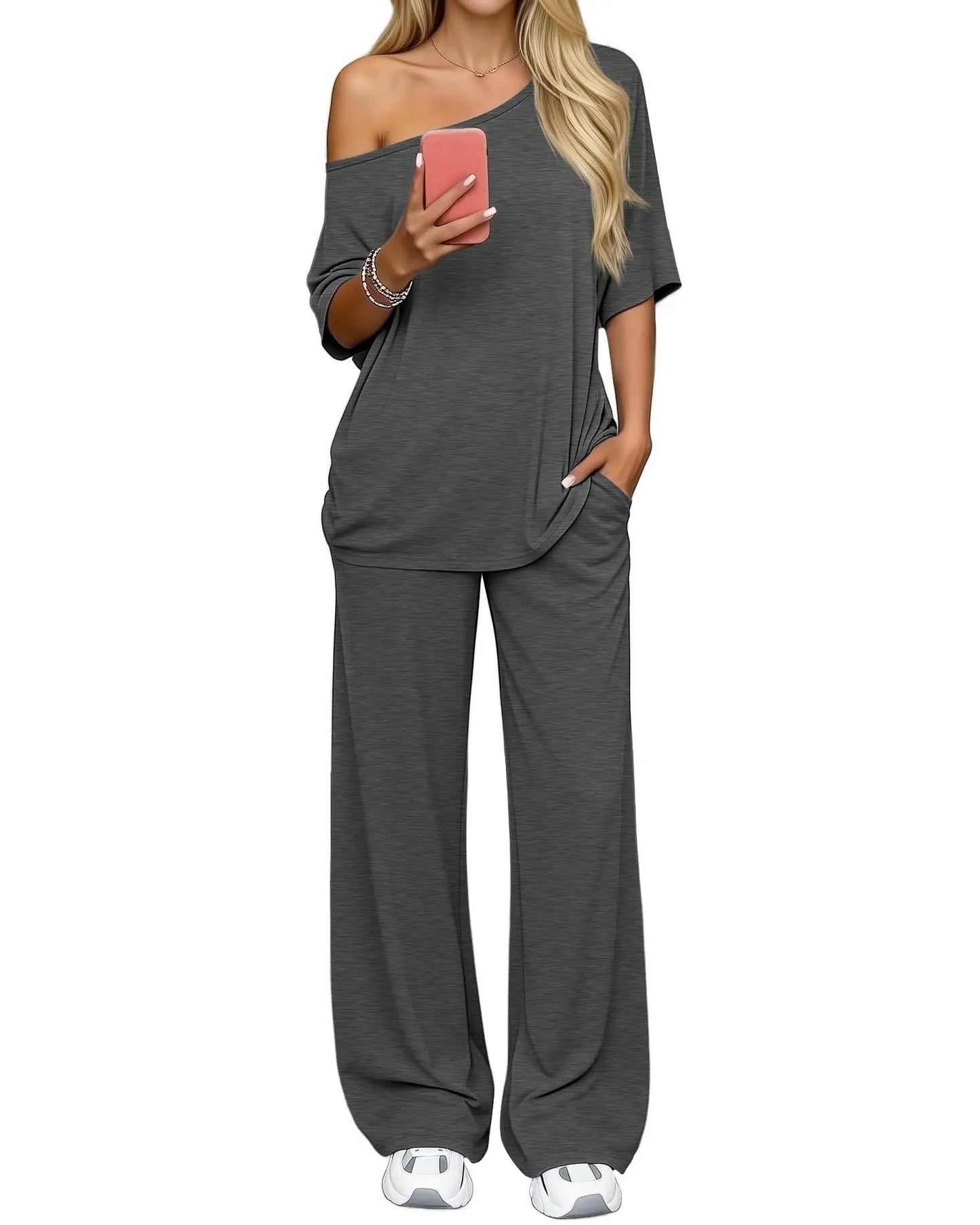 Off-shoulder Loose Casual Short-sleeve Top And Wide-leg Pants Two-piece Set by GJG Denim