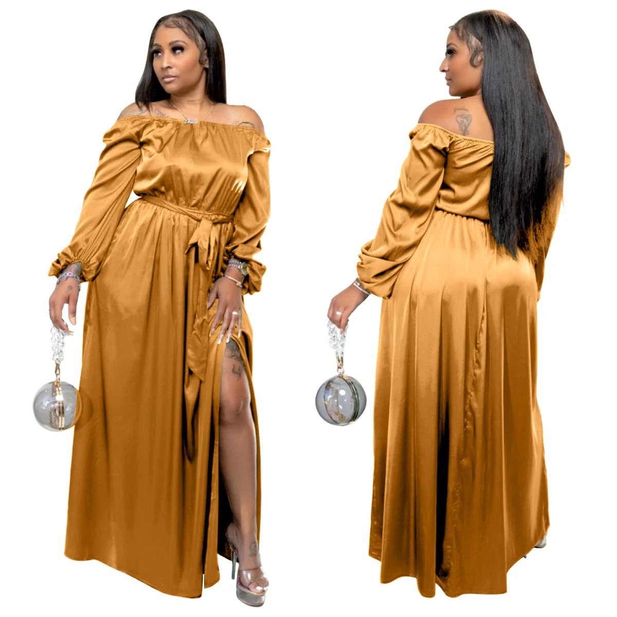 Off-shoulder Lace-up Lantern Sleeve Dress by GJG Denim