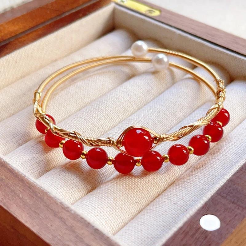 Tiger Eye Lime Moonstone Pearl Strawberry Crystal Jade Bracelet by GJG Denim
