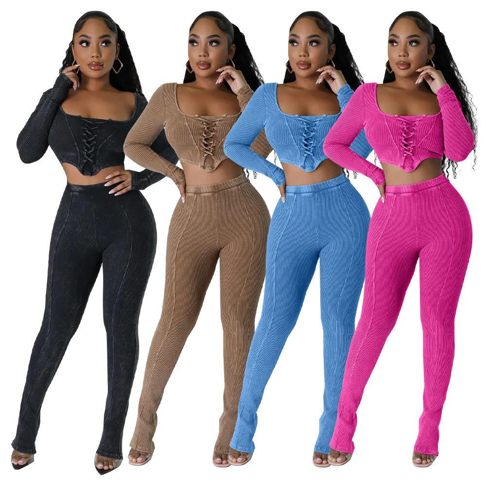 Square Collar Skinny Pants Two-piece Suit by GJG Denim