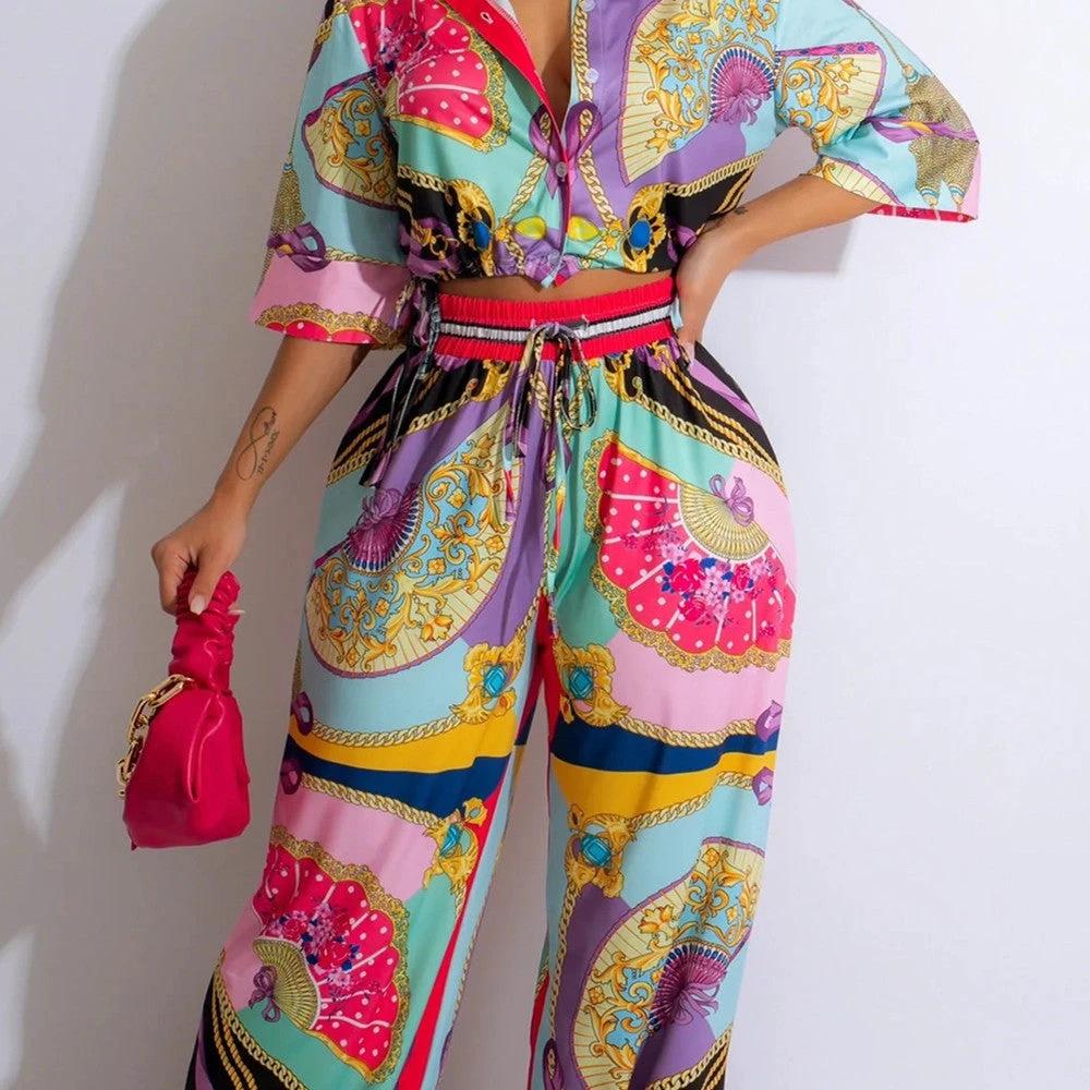 Fan Pattern Printed Short Sleeve Set by GJG Denim