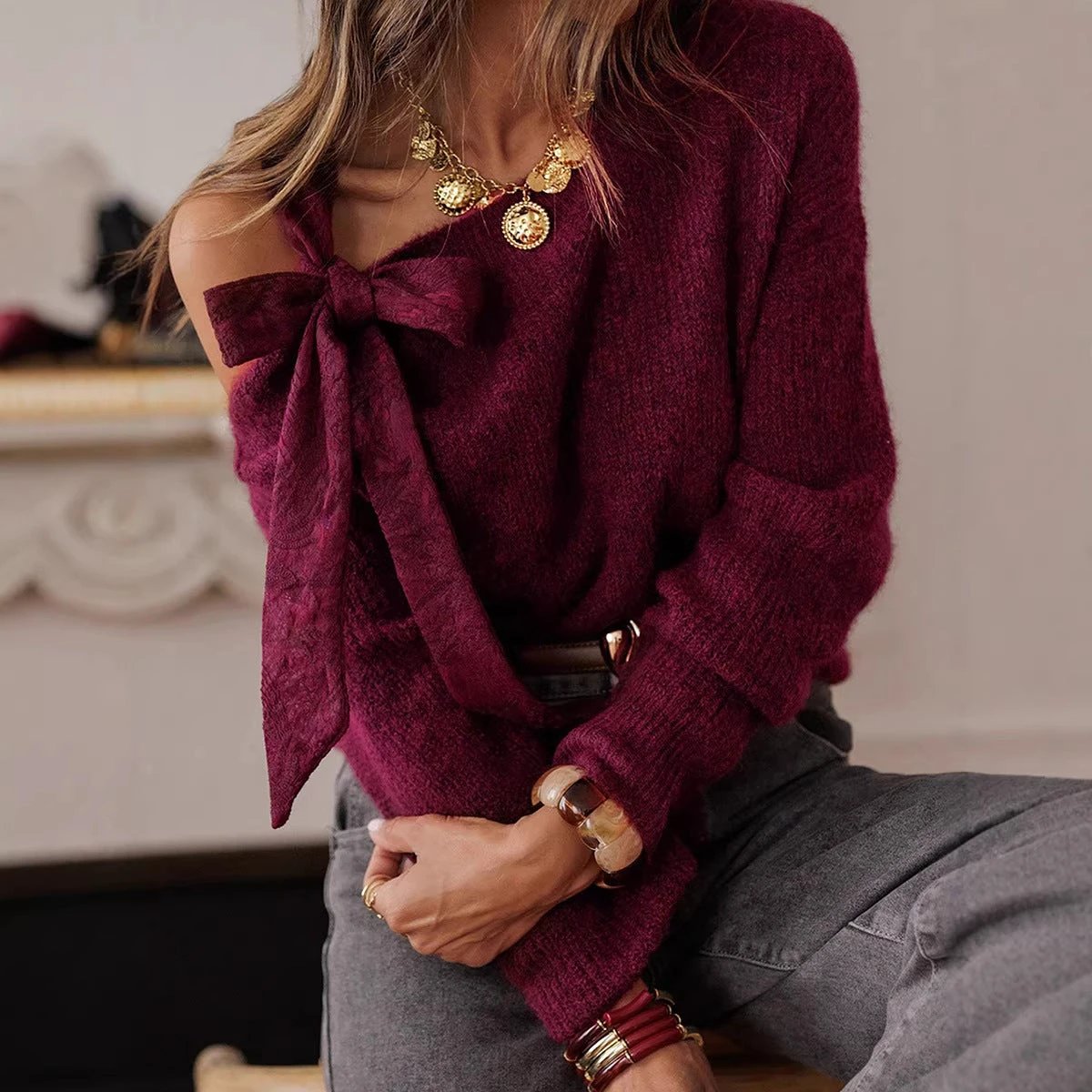Timeless, Age-reducing Solid-color Sweater For Women With A European And American Vibe by GJG Denim