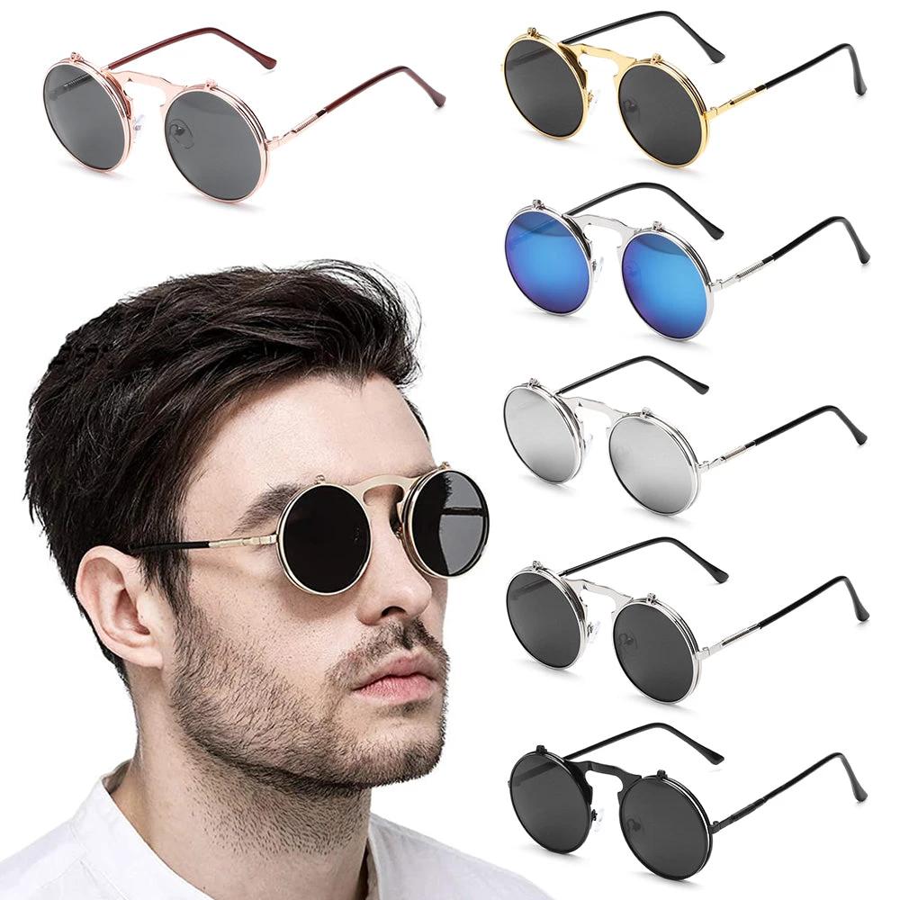 Vintage Round Steampunk Sunglasses Flip-Up UV Protection Metal Frame For Men by GJG Denim
