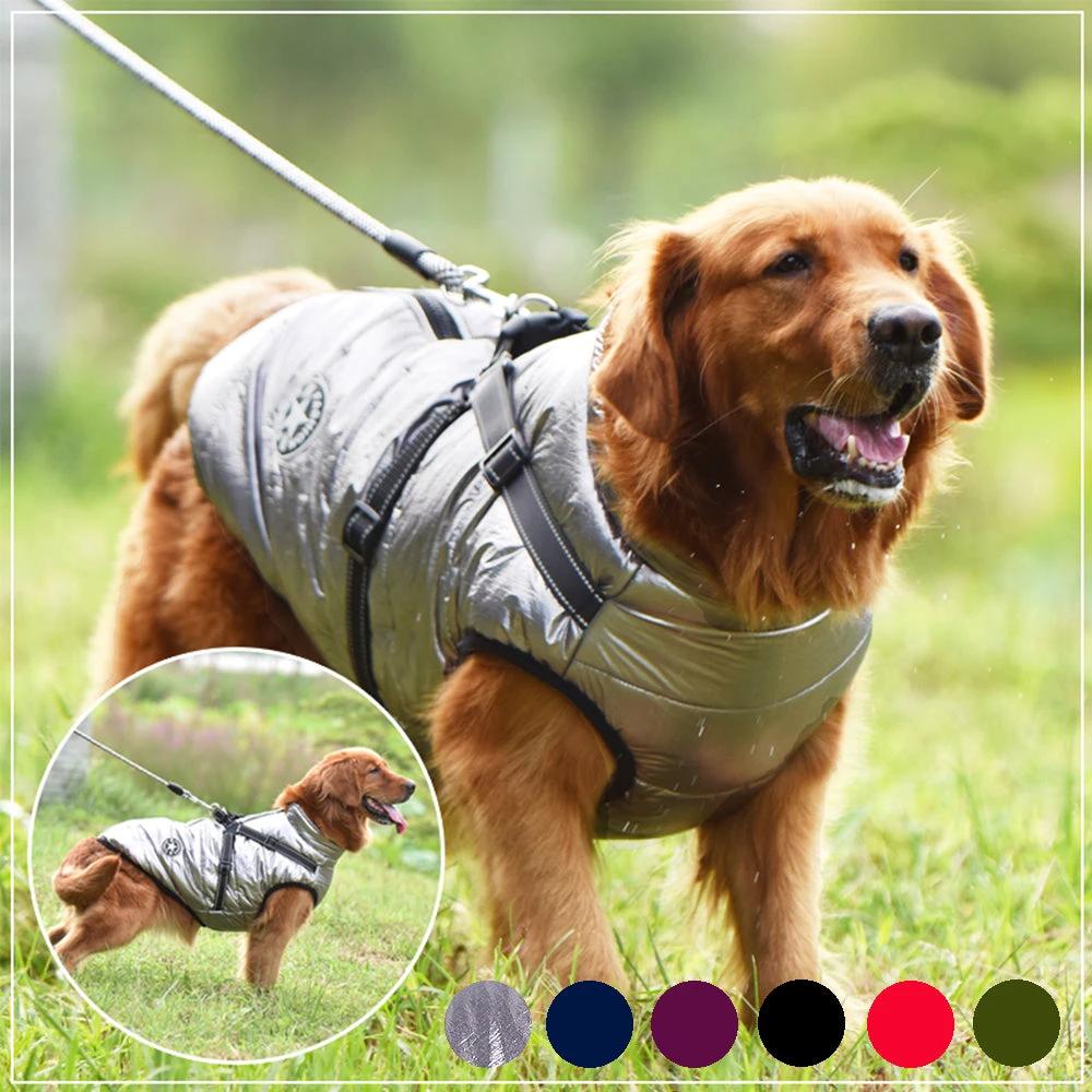 Waterproof Dog Clothes Winter Dog Coat With Harness Warm Pet Clothing Big Dog Jacket Chihuahua Labrador Coat Costume by GJG Denim