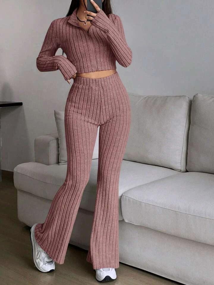 Fashionable Solid-Color Ribbed Two-Piece Set Zip-Up Long-Sleeve Cropped Top And High-Waist Flare Pants Suit by GJG Denim