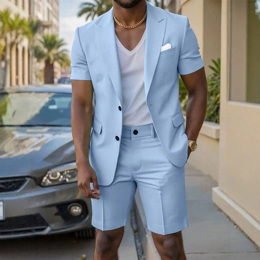 Mens Solid-Colored Gentleman Short-Sleeve Two-Piece Suit by GJG Denim