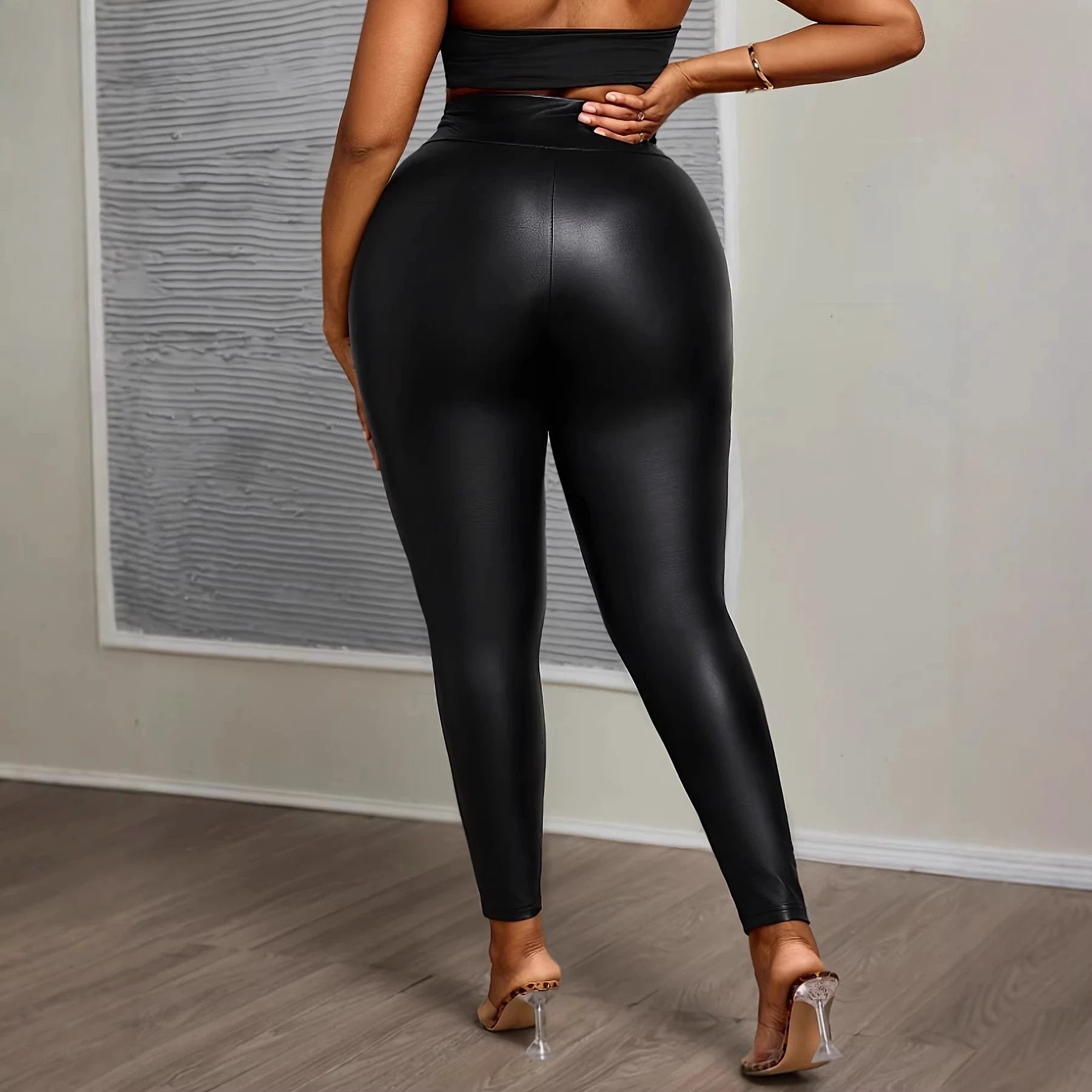 Plus-size Buttoned Tight-fit Figure-flattering Solid-color Stretchy PU Leather by GJG Denim