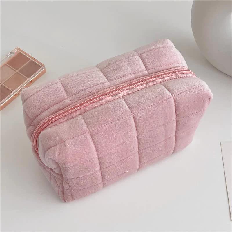Plush Makeup Bag Checkered Cosmetic Bag Cosmetic Travel Bag Large Zipper Travel Toiletry Bag Portable Multi Functional Capacity Bag Cute Makeup Brushes Storage Bag For Women by GJG Denim