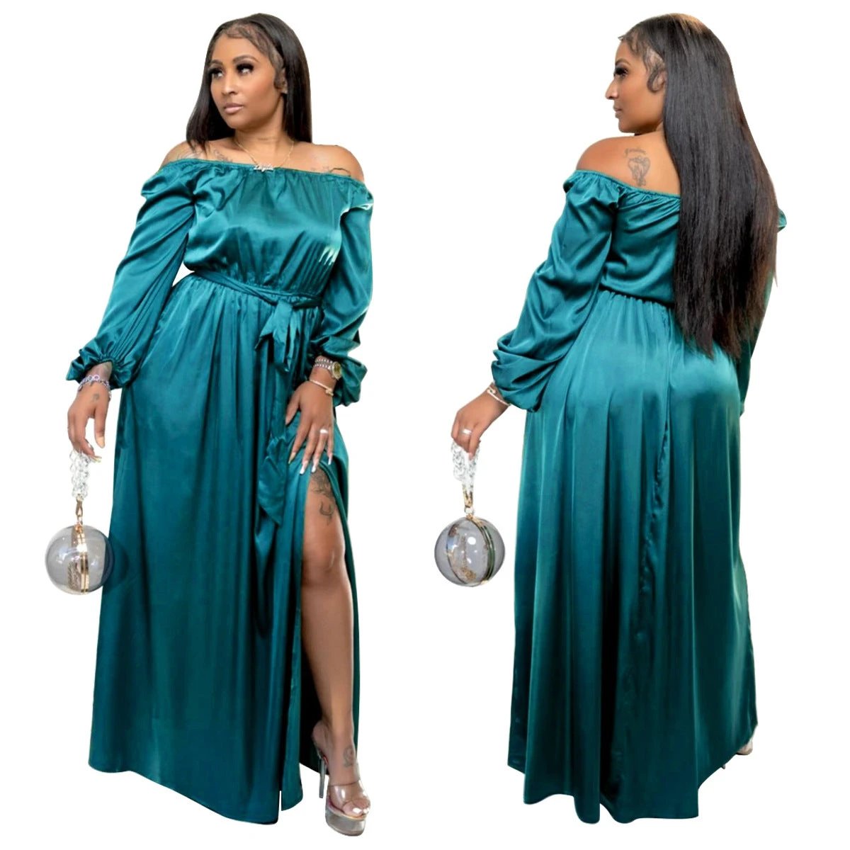 Off-shoulder Lace-up Lantern Sleeve Dress by GJG Denim