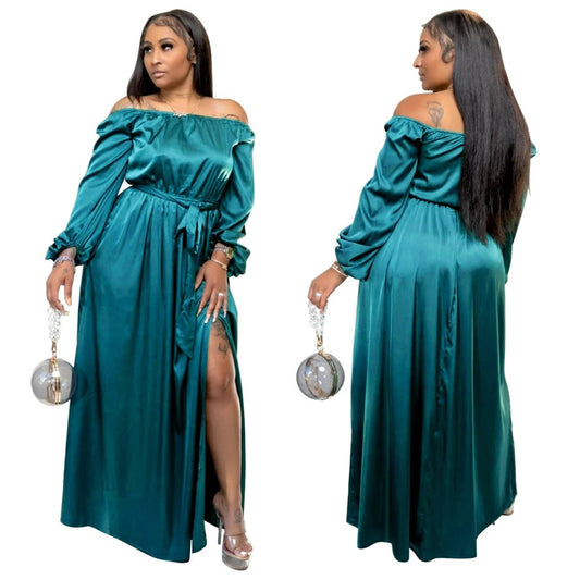 Off-shoulder Lace-up Lantern Sleeve Dress by GJG Denim