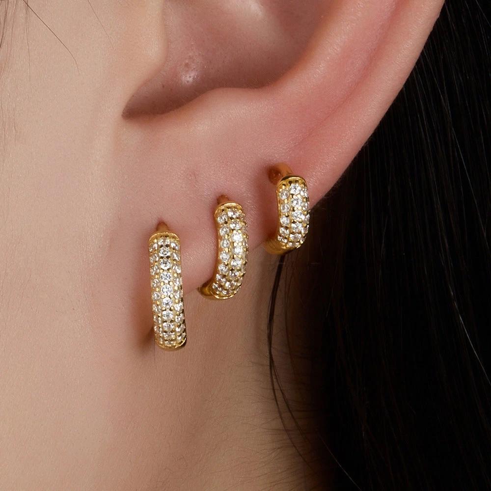 Three-row Drill Wide Face Circle Ear Clip Retro High-grade Sterling Silver Stud Earrings by GJG Denim
